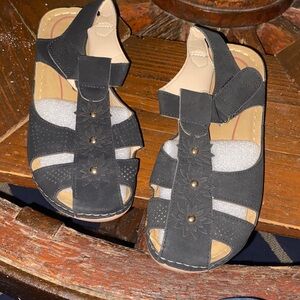 Black Strappy Sandals with Floral Accents